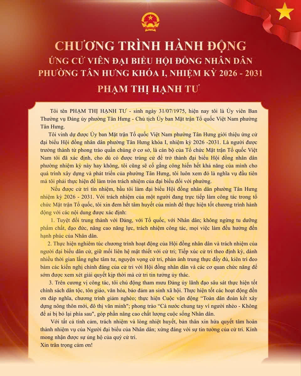 Chương trình hành động nhiệm kỳ 2026–2031 của ứng cử viên Phạm Thị Hạnh Tư