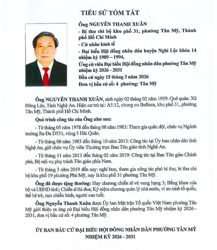 Ông Nguyễn Thanh Xuân – Bí thư Chi bộ khu phố 31, phường Tân Mỹ, TP. Hồ Chí Minh được Ủy ban Mặt trận Tổ quốc Việt Nam phường Tân Mỹ, TP. Hồ Chí Minh giới thiệu ứng cử đại biểu Hội đồng nhân dân phường nhiệm kỳ 2026 – 2031, đơn vị bầu cử số 4 Ông Nguyễn Thanh Xuân – Bí thư Chi bộ khu phố 31, phường Tân Mỹ, TP. Hồ Chí Minh được Ủy ban Mặt trận Tổ quốc Việt Nam phường Tân Mỹ, TP. Hồ Chí Minh giới thiệu ứng cử đại biểu Hội đồng nhân dân phường nhiệm kỳ 2026 – 2031, đơn vị bầu cử số 4