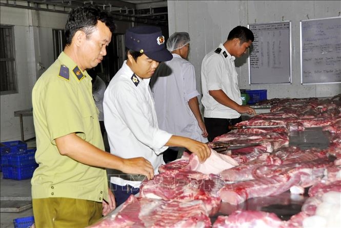 Lực lượng chức năng Hà Nội kiểm tra thịt lợn lưu thông ngoài thị trường. Ảnh tư liệu (minh họa)