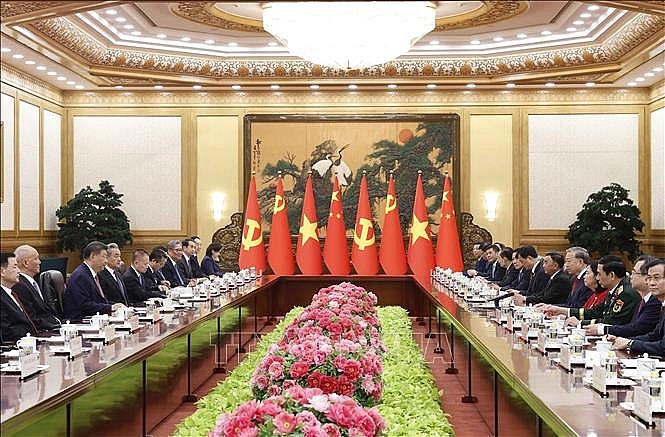 Tổng Bí thư, Chủ tịch nước Tô Lâm hội đàm với Tổng Bí thư, Chủ tịch nước Trung Quốc Tập Cận Bình. Ảnh: Thống Nhất/TTXVN