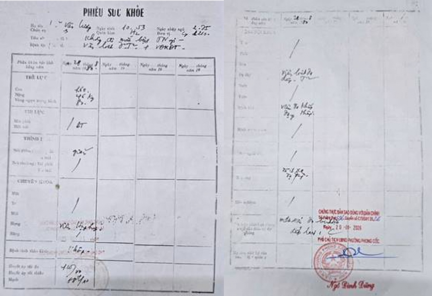 Phiếu sức khỏe của ông Vũ Văn Lương, ngày 28/8/1980 đã ghi: Mất sức do bệnh tật, xếp loại C. Phiếu sức khỏe của ông Vũ Văn Lương, ngày 28/8/1980 đã ghi: Mất sức do bệnh tật, xếp loại C.