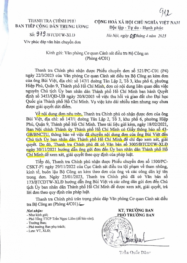 Công văn phúc đáp số: 979/BTCDTW-XLD của Ban tiếp công dân Trung ương, Thanh tra Chính phủ. quá trình thu hồi đất