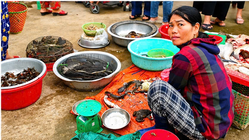 Những sản vật tôm, cua, cá đánh bắt ngoài đồng được bày bán rất phong phú