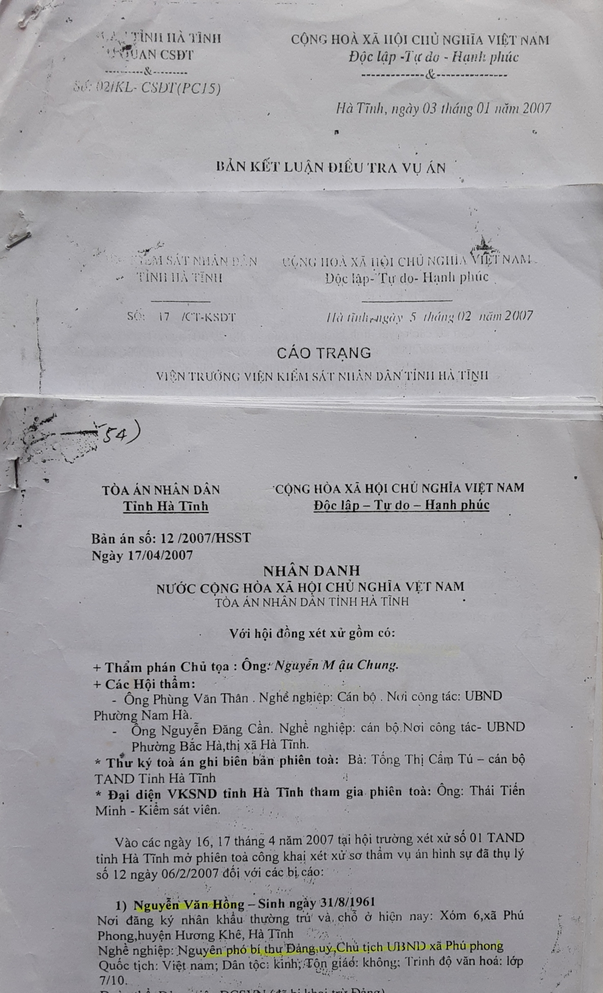 Kết luận điều tra, Cáo trạng và Bản án xét xử vụ án 