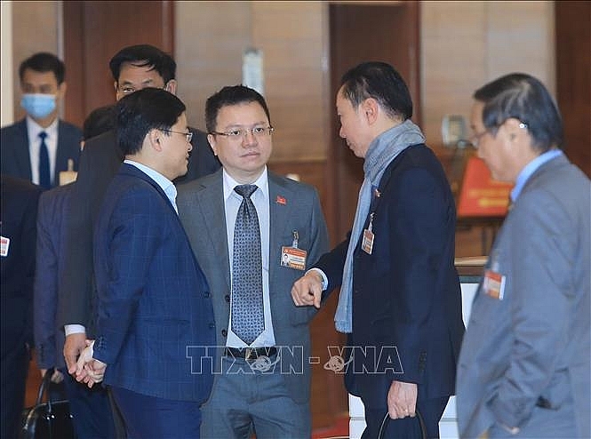  Các đại biểu thảo luận trước giờ họp đoàn, sáng 29/1. Ảnh: TTXVN