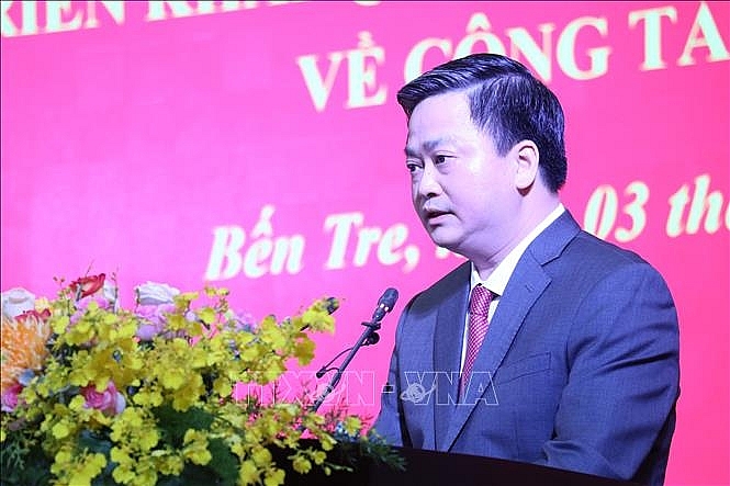 Đồng chí Lê Đức Thọ, tân Bí thư Tỉnh ủy Bến Tre nhiệm kỳ 2020 - 2025 phát biểu. 