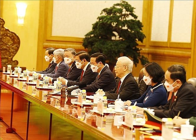 Tổng Bí thư Nguyễn Phú Trọng khẳng định, Việt Nam và Trung Quốc là hai nước láng giềng núi sông liền một dải, đều là nước xã hội chủ nghĩa do Đảng Cộng sản lãnh đạo. Ảnh: Trí Dũng/TTXVN