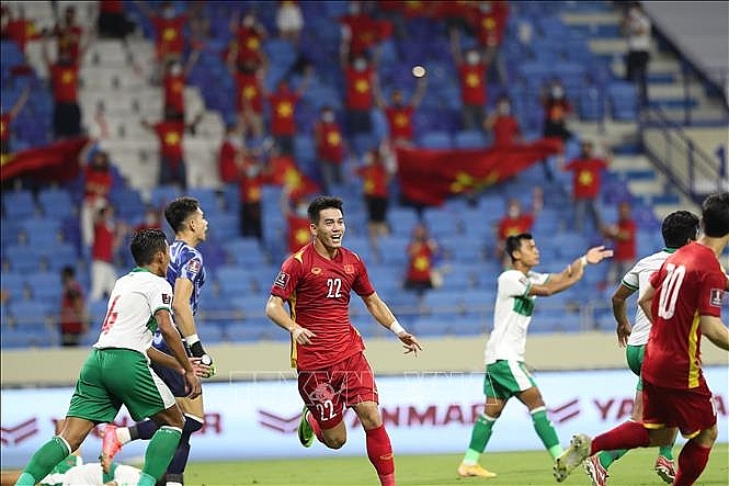 Tiến Linh ăn mừng bàn thắng mở tỷ số trận đấu giữa đội tuyển Việt Nam và đội tuyển Indonesia. Ảnh: TTXVN