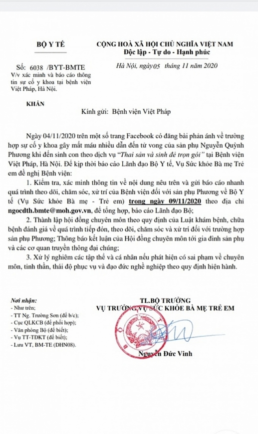Vụ sản phụ tử vong, Bộ Y tế yêu cầu Bệnh viện Việt Pháp gửi báo cáo