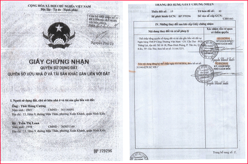 Giấy chứng nhận QSDĐ, quyền sở hữu nh&agrave; ở v&agrave; t&agrave;i sản kh&aacute;c gắn liền với đất, của vợ chồng &ocirc;ng Cường, b&agrave; Loan, kh&ocirc;ng bị T&ograve;a &aacute;n cho k&ecirc; bi&ecirc;n khi đang thể chấp tại Ng&acirc;n h&agrave;ng. Sau khi giải chấp &ocirc;ng Cường, b&agrave; Loan đ&atilde; thực hiện định đoạt đối với quyền sở hữu Giấy chứng nhận n&agrave;y.