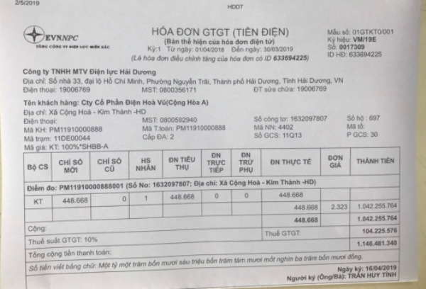 2.H&oacute;a đơn GTGT phải nộp t&iacute;nh từ ng&agrave;y 01/4/2018 đến 30/3/2019 PC hải Dương đ&atilde; phạt h&agrave;nh ch&iacute;nh với sản lượng điện bồi thường: 488.668kwh, số tiền bồi thường l&agrave; 1.146.481.340đ.