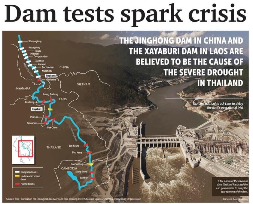 Bản đồ tr&ecirc;n Bangkok Post cho thấy Trung Quốc đ&atilde; ho&agrave;n th&agrave;nh 10/11 dự &aacute;n đập thủy điện (m&agrave;u trắng), c&ograve;n L&agrave;o v&agrave; Campuchia đang x&acirc;y (m&agrave;u v&agrave;ng) 2/11 đập đ&atilde; l&ecirc;n kế hoạch (m&agrave;u đỏ).
