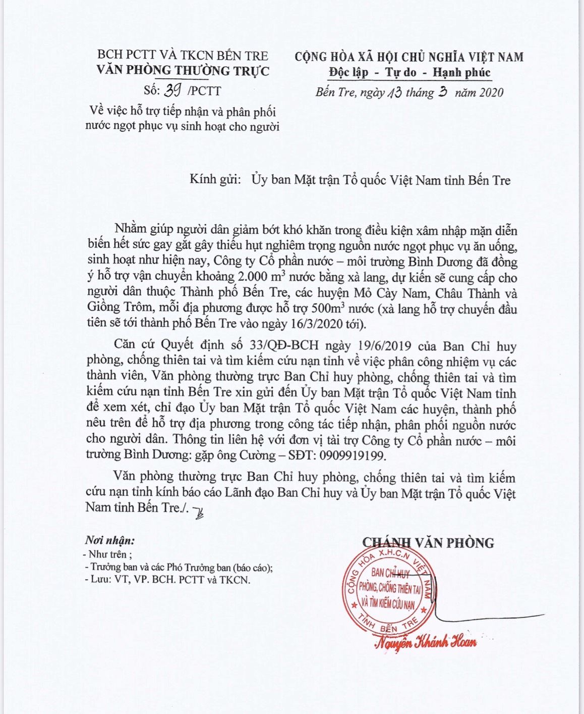 Công ty CP Nước - Môi trường Bình Dương hỗ trợ 6.000 m3 nước sạch cho người dân Bến Tre