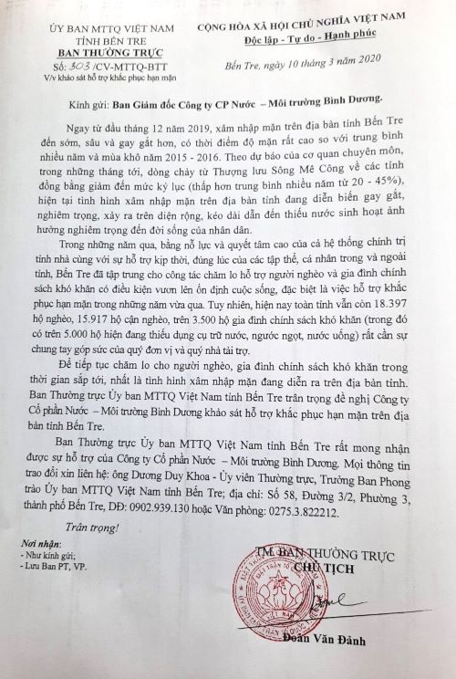 Công ty CP Nước - Môi trường Bình Dương hỗ trợ 6.000 m3 nước sạch cho người dân Bến Tre