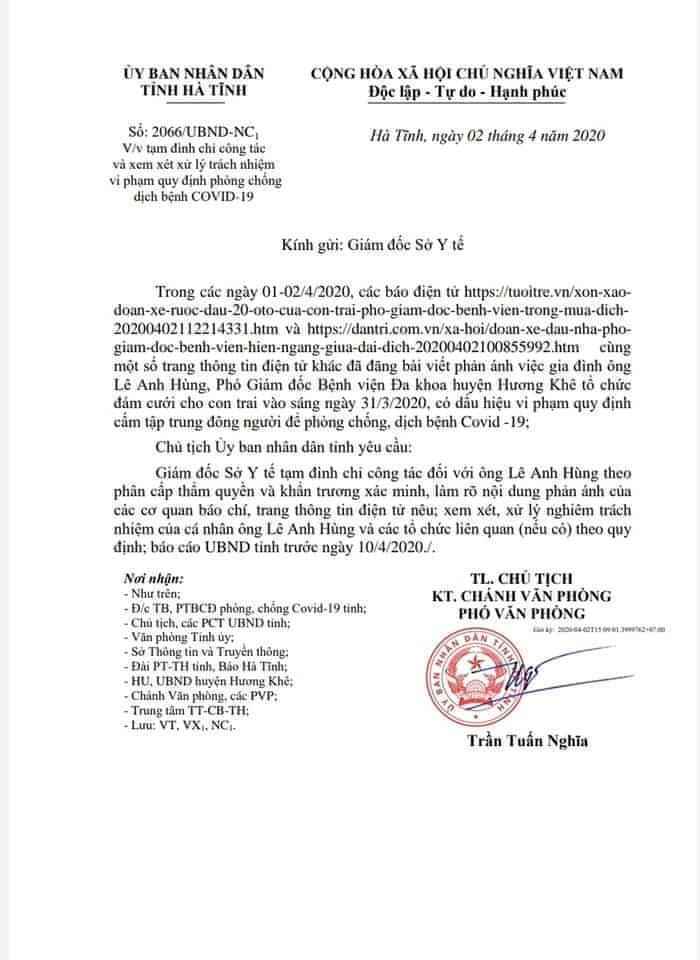 Văn bản tạm đình chỉ c&ocirc;ng tác của UBND tỉnh Hà Tĩnh đ&ocirc;́i với &ocirc;ng L&ecirc; Anh Hùng