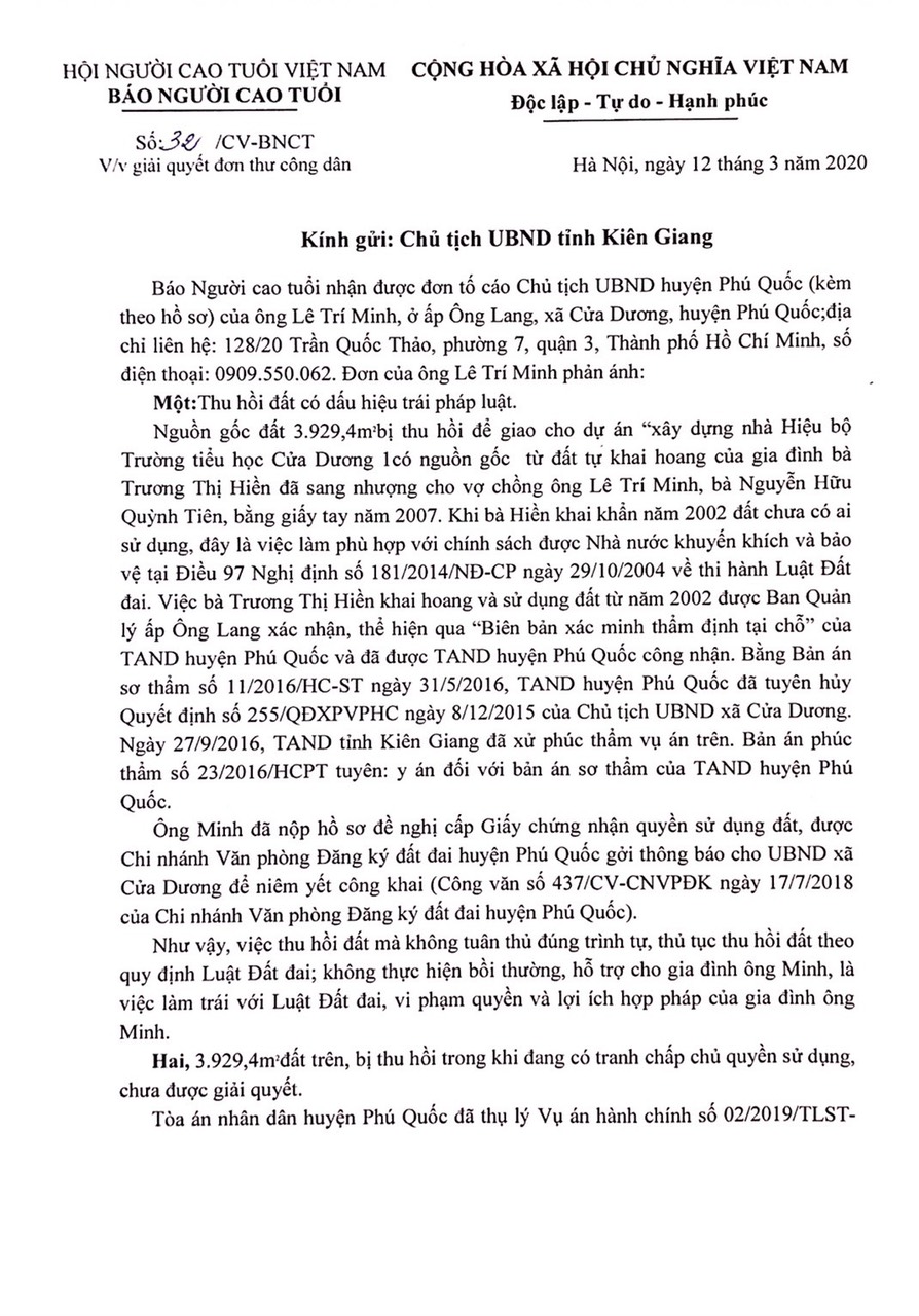 Mong chờ Chủ tịch UBND tỉnh Kiên Giang giải quyết đơn đúng luật
