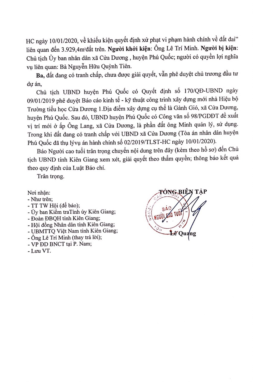 Mong chờ Chủ tịch UBND tỉnh Kiên Giang giải quyết đơn đúng luật