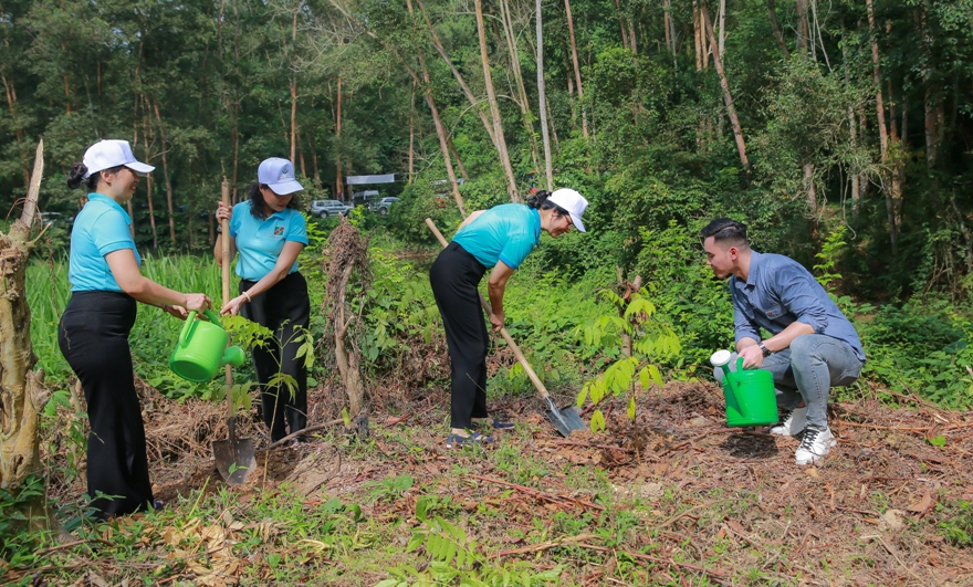 Ảnh 3: C&aacute;c đồng ch&iacute; l&atilde;nh đạo Agribank tham gia trồng c&acirc;y tại Khu di t&iacute;ch quốc gia x&atilde; Kim Quan, huyện Y&ecirc;n Sơn, tỉnh Tuy&ecirc;n Quang