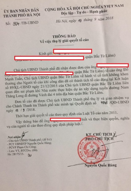 Th&ocirc;ng b&aacute;o thụ l&yacute; giải quyết tố c&aacute;o