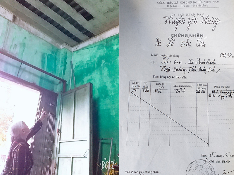 Cụ L&ecirc; Thị G&aacute;i nh&igrave;n m&aacute;i nh&agrave; đổ n&aacute;t m&agrave; kh&ocirc;ng được sửa chữa v&agrave; Sổ đỏ mang t&ecirc;n cụ G&aacute;i.
