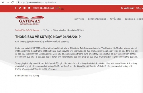 Trường Quốc tế Gateway xin nhận trách nhiệm việc học sinh lớp 1 tử vong trên xe đưa đón