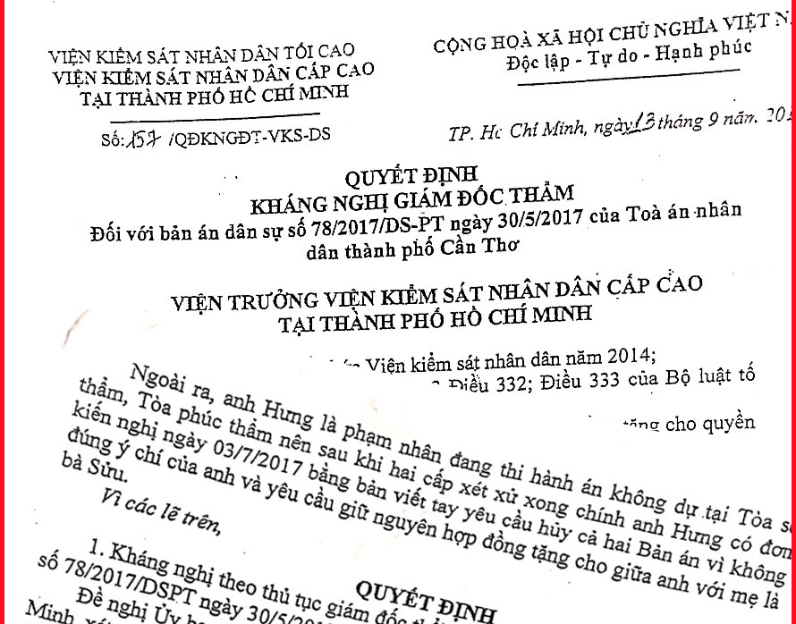 Quyết định kh&aacute;ng nghị số 157/QĐKNGĐT-VKS-DS của Viện trưởng Viện KSND Cấp cao tại TP Hồ Ch&iacute; Minh.