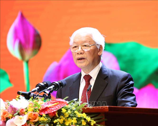 Tổng B&iacute; thư, Chủ tịch nước Nguyễn Ph&uacute; Trọng đọc diễn văn tại buổi lễ. Ảnh: Phương Hoa/TTXVN