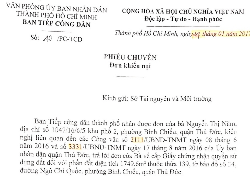 Giải quyết khiếu nại của bà Nguyễn Thị Năm, ở phường Bình Chiểu, quận Thủ Đức, TP Hồ Chí Minh: Quận bỏ sót nội dung, thành phố làm trái Luật Khiếu nại