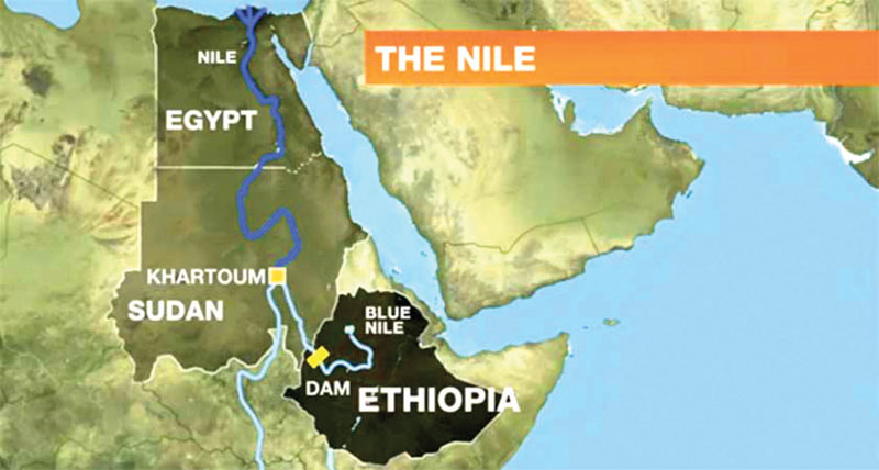 Sơ đồ khu vực đập lớn của Ethiopia tr&ecirc;n s&ocirc;ng Nile Xanh v&agrave; đường đi của con s&ocirc;ng Nile qua Sudan, Ai Cập trước khi đổ ra Địa Trung Hải.