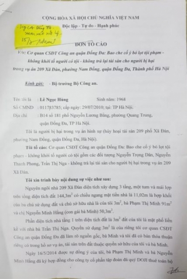 Vụ “Hủy hoại tài sản” ở 209 Xã Đàn, quận Đống Đa, TP Hà Nội Bộ trưởng Bộ Công an chỉ đạo, Trưởng Công an quận đã thực thi đúng?