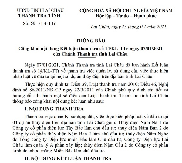 Lai Châu: Những sai phạm tại các thủy điện Nậm Na 1, Nậm Ban 2, Nậm Nghẹ, Nậm Cấu 2