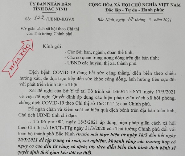 Giãn cách xã hội TP Bắc Ninh theo Chỉ thị 16