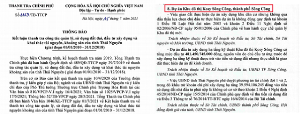 Kết luận của Thanh tra Chính phủ về những sai phạm tại Dự án Kosy Sông Công của Tập đoàn Kosy Kết luận của Thanh tra Chính phủ về những sai phạm tại Dự án Kosy Sông Công của Tập đoàn Kosy