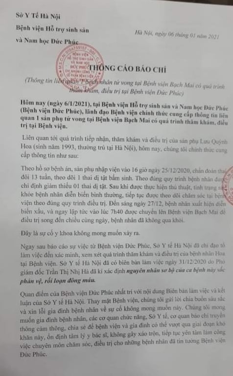 Bệnh viện Hỗ trợ sinh sản và Nam học Đức Phúc thông tin về việc sản phụ tử vong