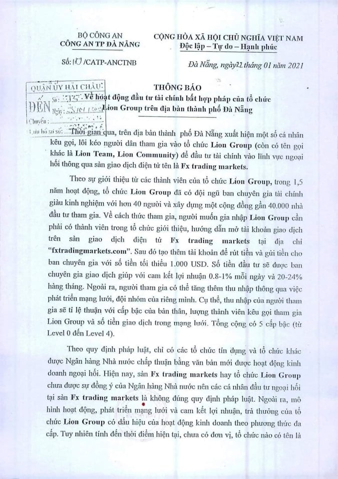 Công an Tp. Đà Nẵng cảnh báo chiêu trò "lừa đảo" của tổ chức Lion Group