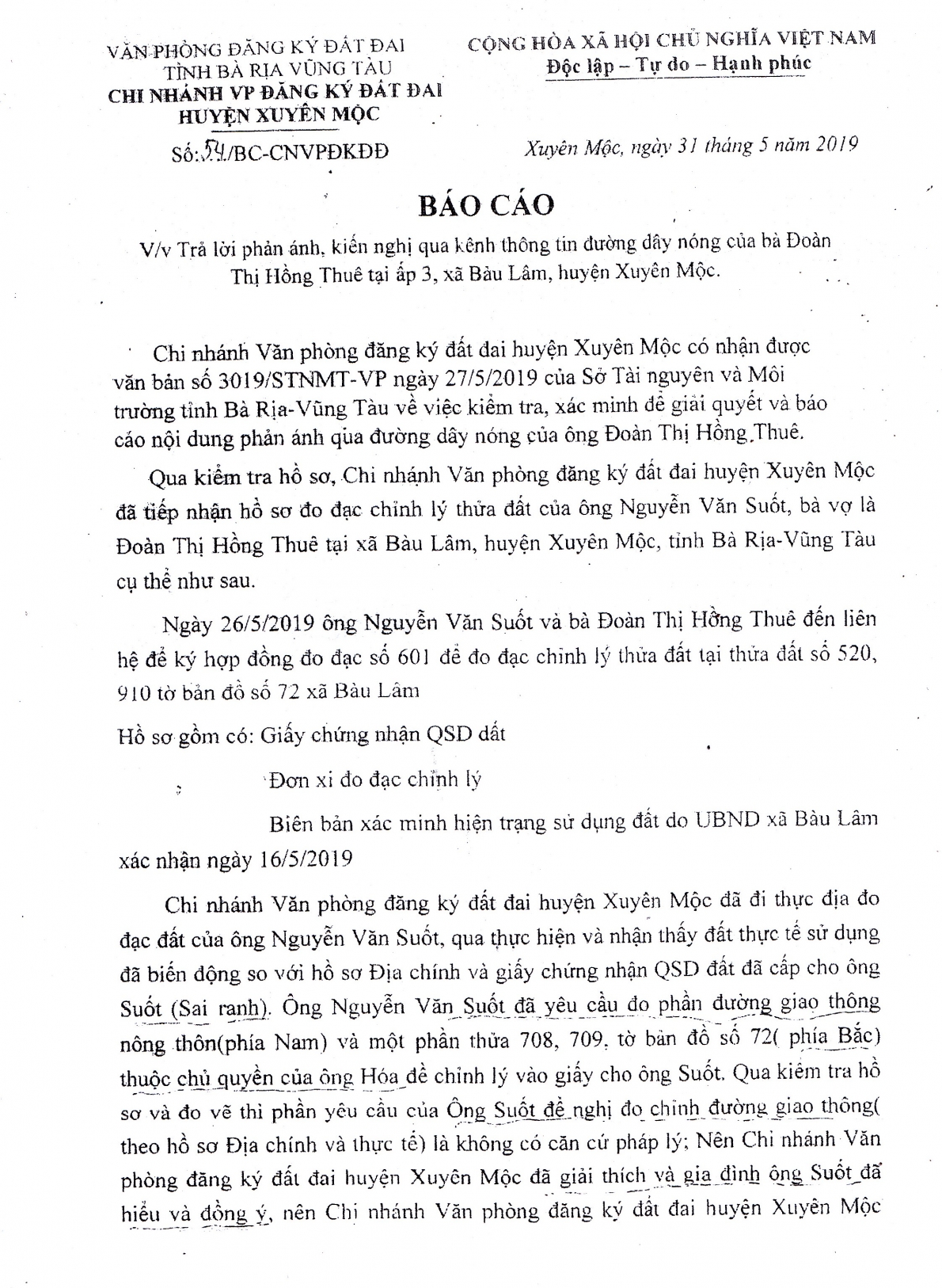 UBND huyện Xuyên Mộc: Sao chưa trả lại toàn bộ quyền sử dụng đất  hợp pháp của hộ ông Suốt, bà Thuê?