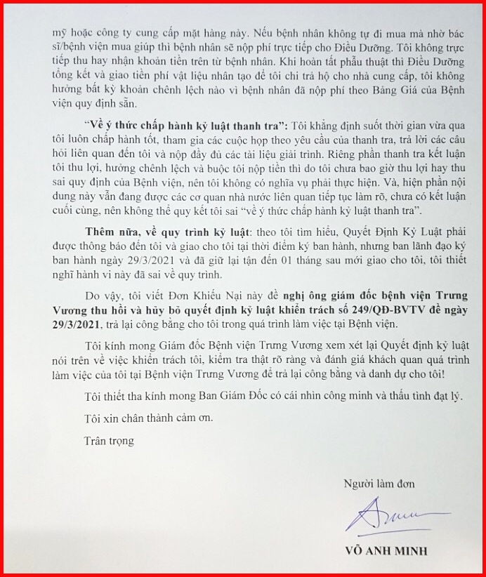 Bệnh viện Trưng Vương, TP Hồ Chí Minh: Quyết định kỷ luật mang tính áp đặt, gây bức xúc dư luận