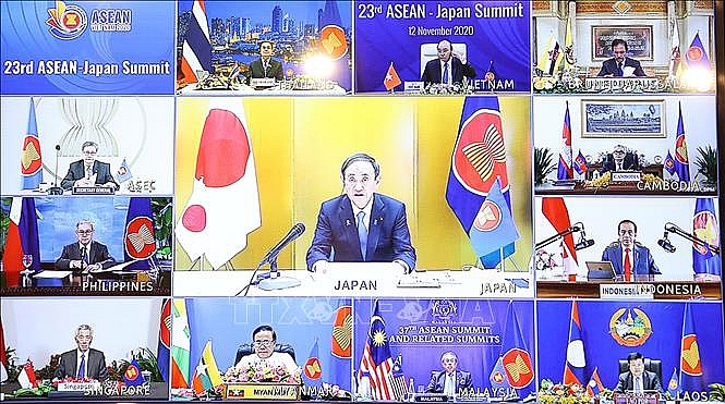 Thủ tướng Nhật Bản Suga Yoshihide phát biểu tại Hội nghị Cấp cao ASEAN - Nhật Bản lần thứ 23 theo hình thức trực tuyến, ngày 12-11-2020
